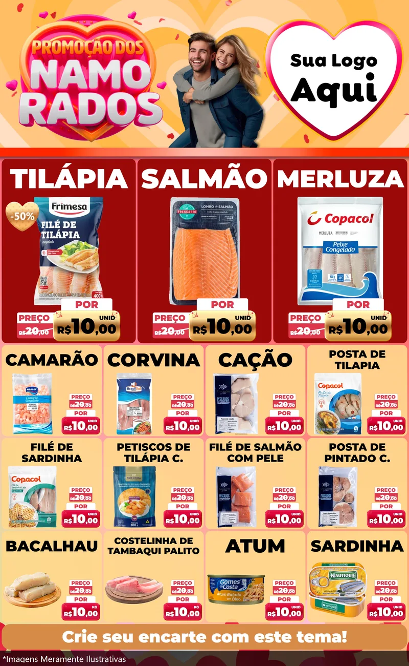 Modelo de Encarte para Encarte Grande com o tema Promoção dos Namorados para Peixaria