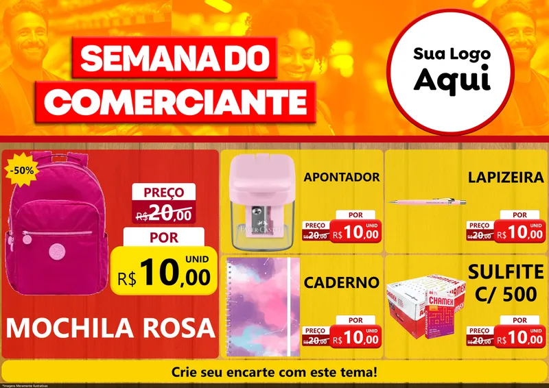 Modelo de Encarte para Encarte A4 Horizontal com o tema Semana do Comerciante para Papelaria