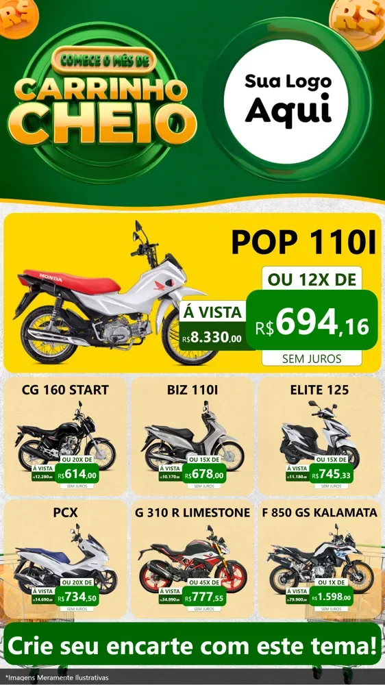 Modelo de Rede Social para Stories com o tema Carrinho Cheio para Concessionaria de Motos