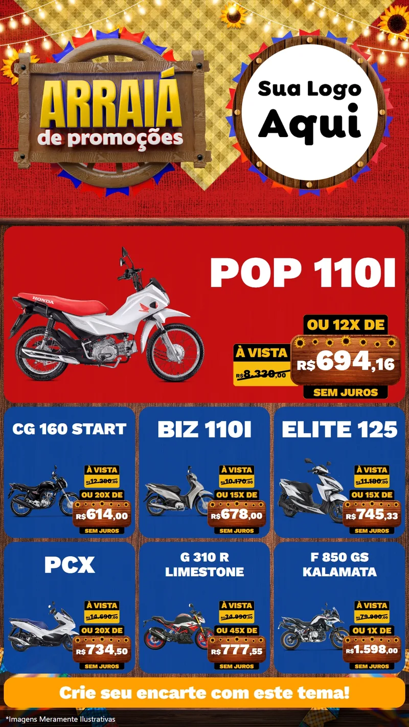 Modelo de Rede Social para Stories com o tema Arraiá de Promoções para Concessionaria de Motos