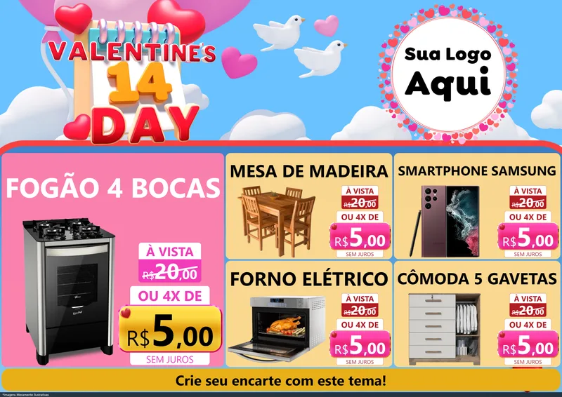 Modelo de Encarte para Encarte A4 Horizontal com o tema Valentine's Day para Móveis e Eletro