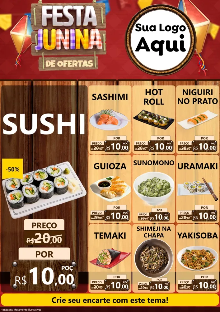 Modelo de Encarte para Encarte A4 Vertical com o tema Festa Junina de Ofertas para Comida japonesa