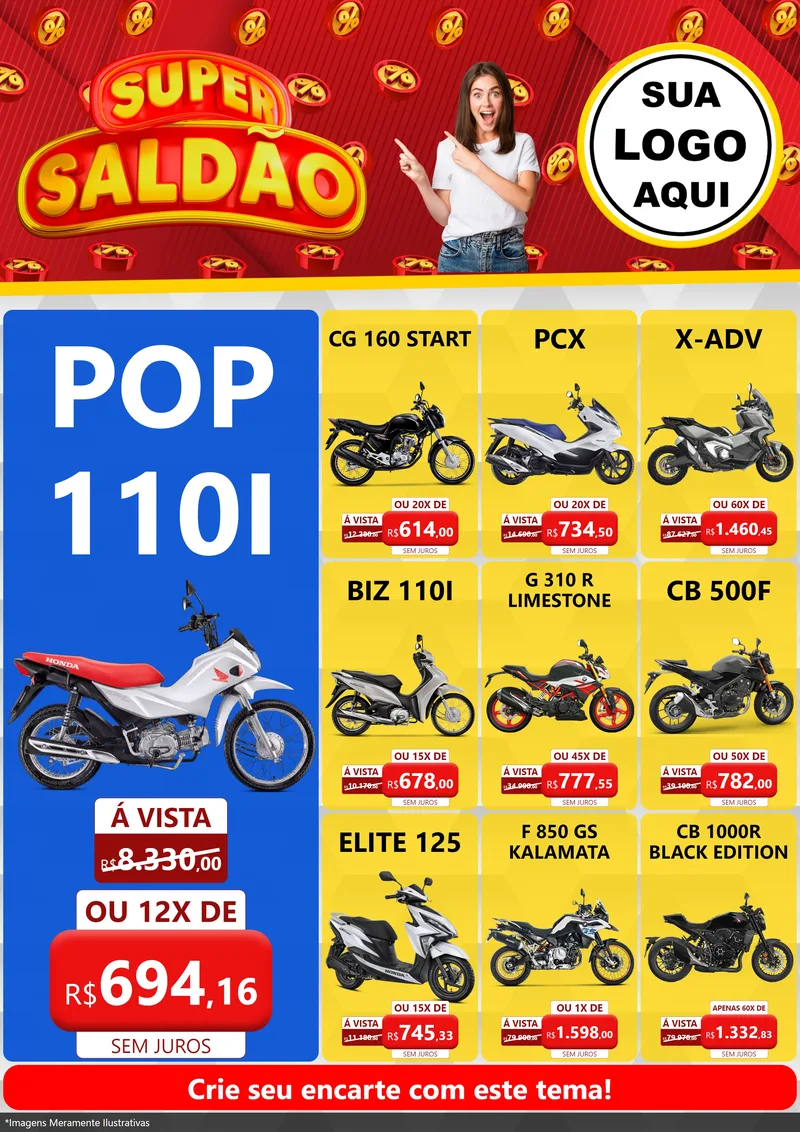 Modelo de Encarte para Encarte A4 Vertical com o tema Super Saldão para Concessionaria de Motos