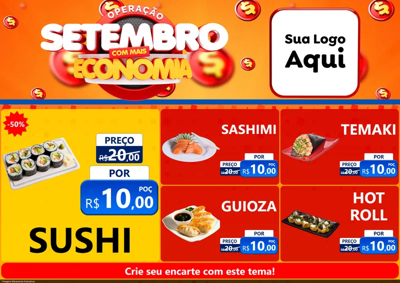 Modelo de Encarte para Encarte A4 Horizontal com o tema Operação Setembro Com Muita Economia para Comida japonesa