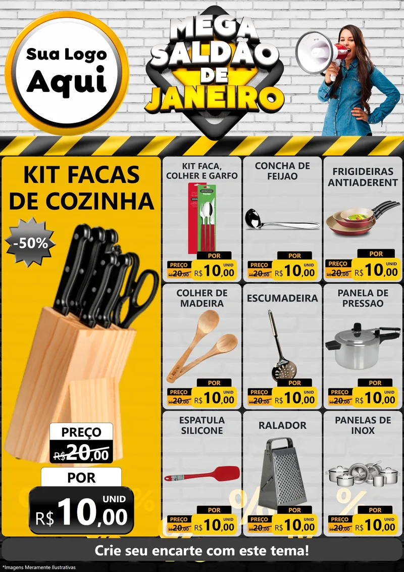 Modelo de Encarte para Encarte A4 Vertical com o tema Mega Saldão de Janeiro para Utilidades Domésticas