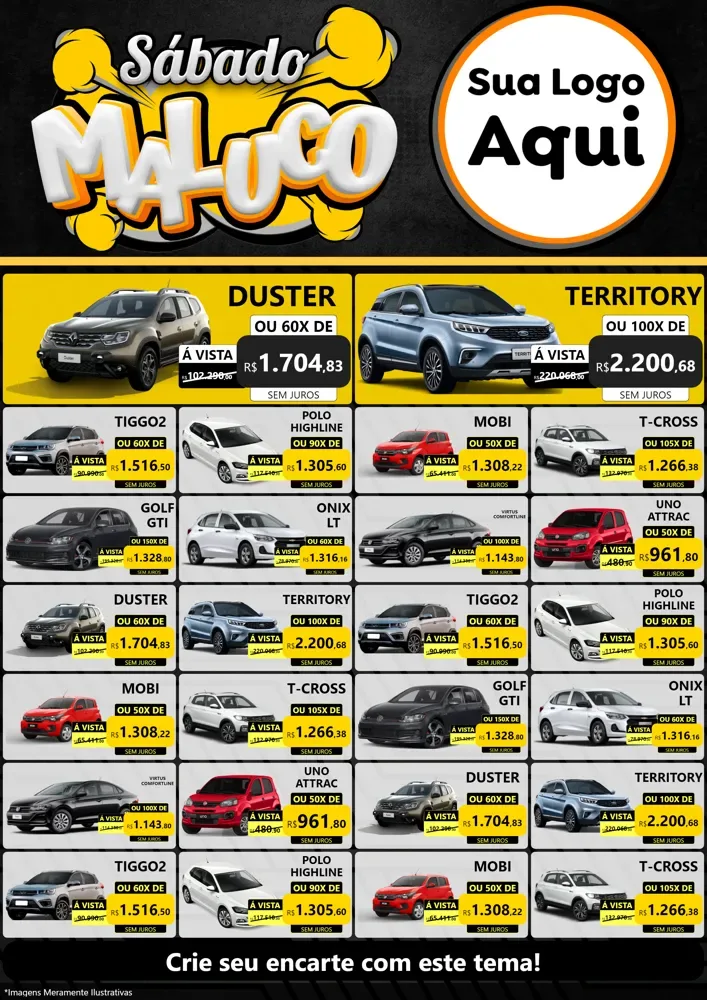 Modelo de Encarte para Encarte A4 Vertical com o tema Sábado Maluco para Concessionaria de Carros