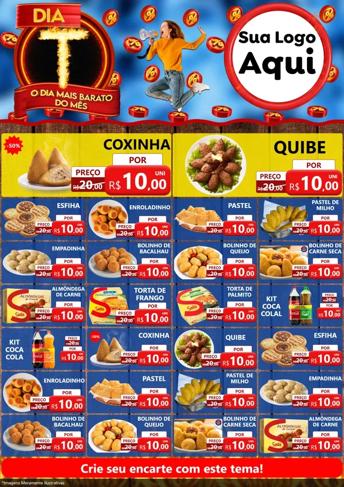 Modelo de Encarte para Encarte A4 Vertical com o tema Dia T - O Dia Mais Barato Do Mês para Salgadaria