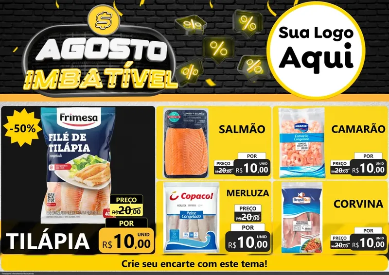 Modelo de Encarte para Encarte A4 Horizontal com o tema Agosto Imbatível para Peixaria