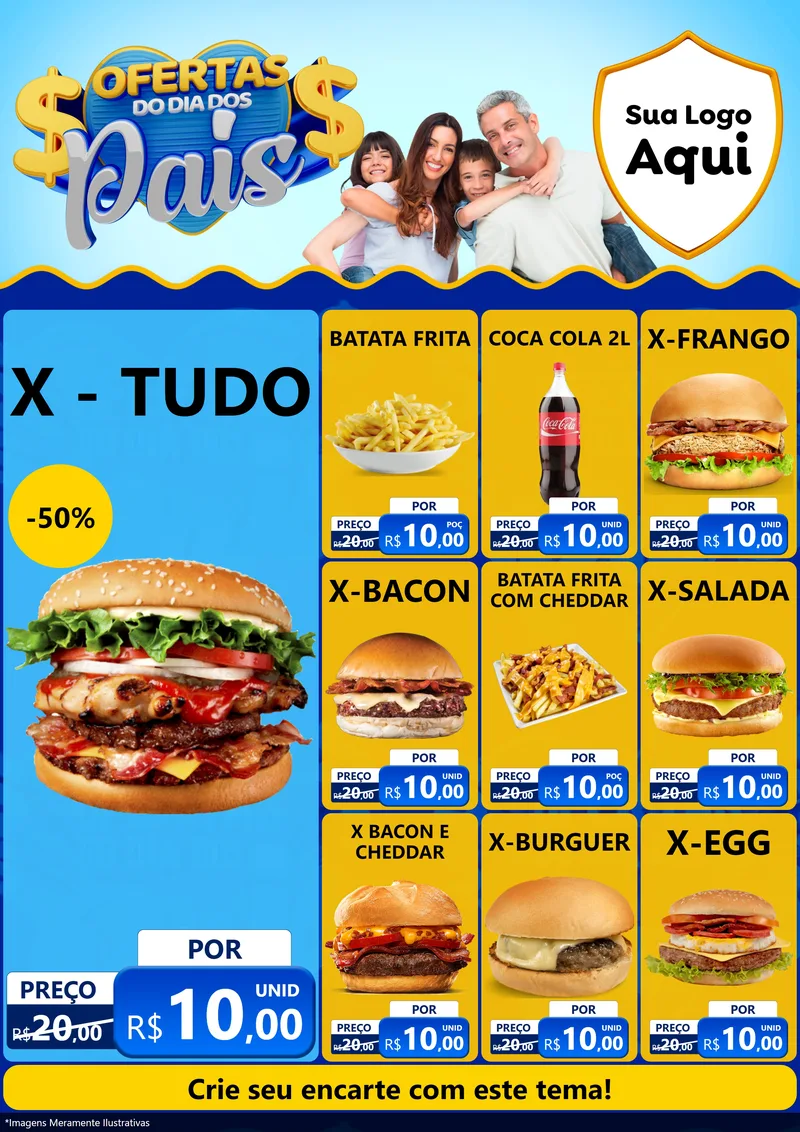 Modelo de Encarte para Encarte A4 Vertical com o tema Ofertas do Dia dos Pais para Hamburgueria