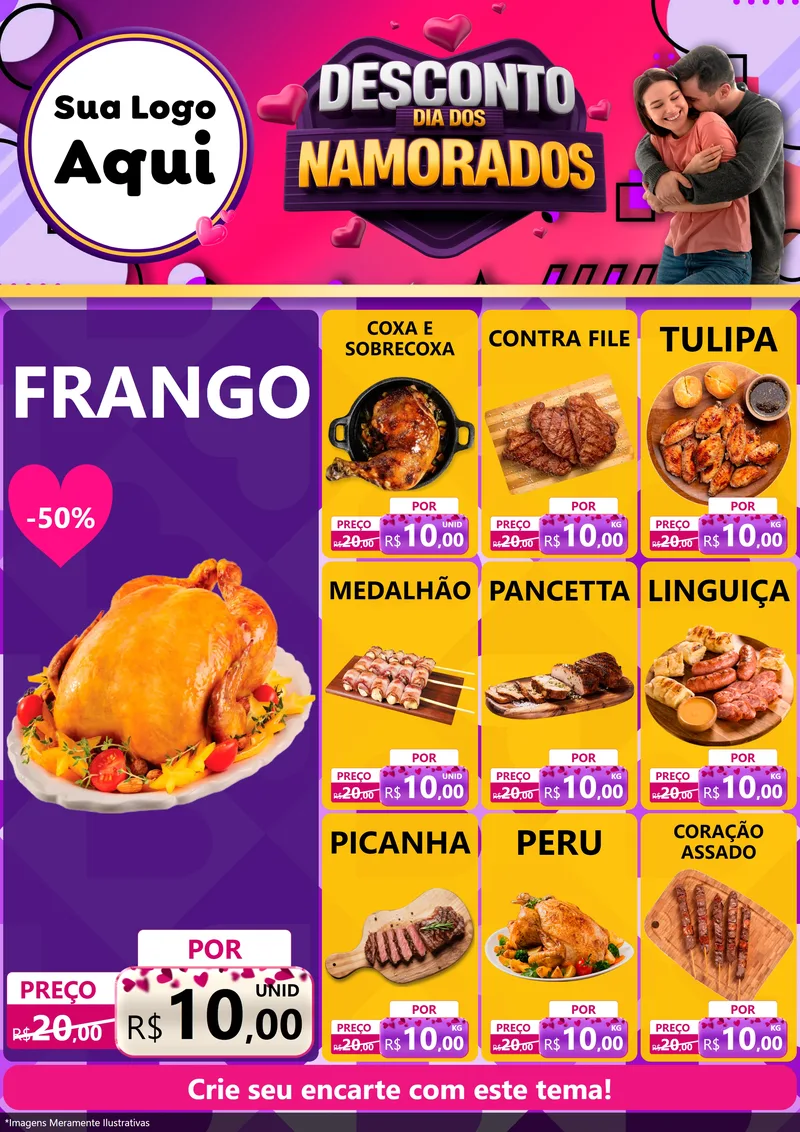Modelo de Encarte para Encarte A4 Vertical com o tema Desconto Dia dos Namorados para Assados