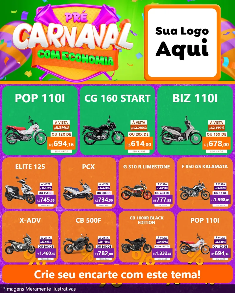 Modelo de Rede Social para Feed Instagram com o tema Pré-Carnaval Com Economia para Concessionaria de Motos