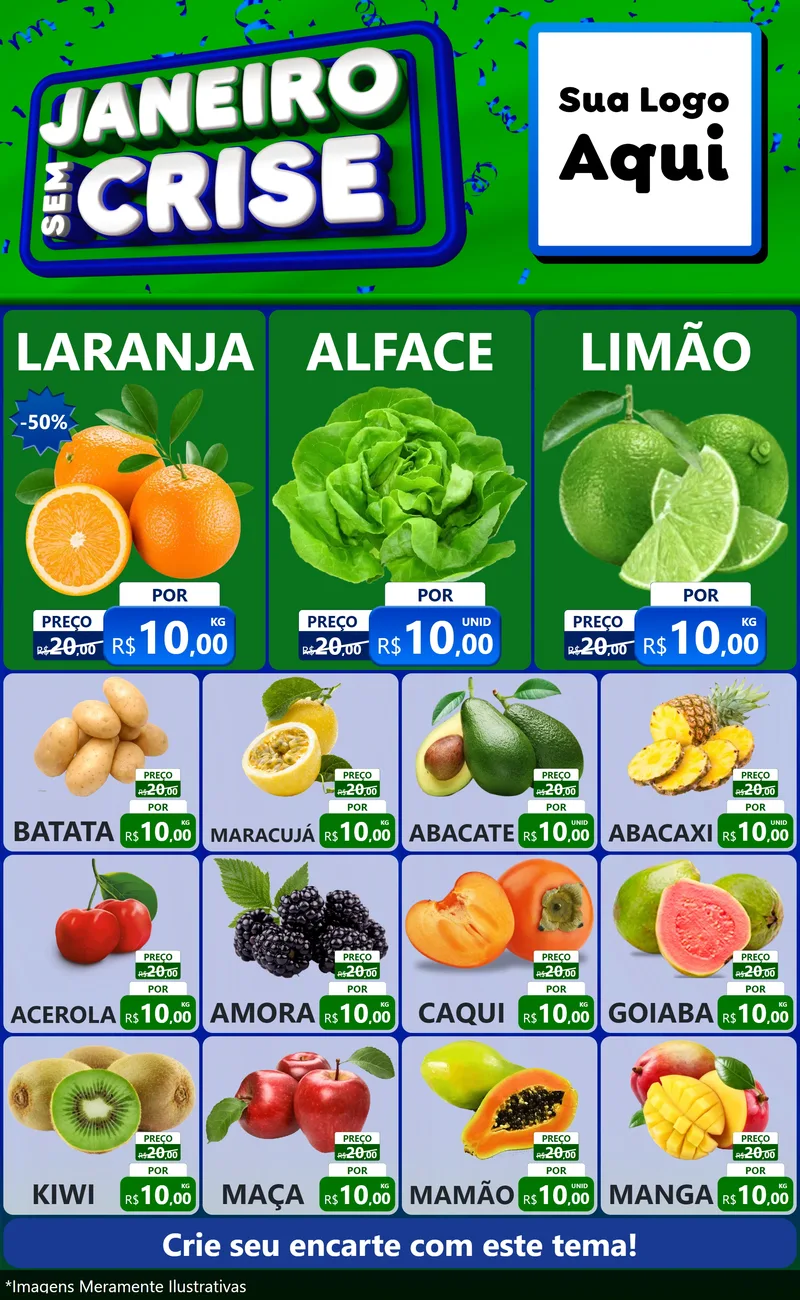 Modelo de Encarte para Encarte Grande com o tema Janeiro Sem Crise para Hortifrúti