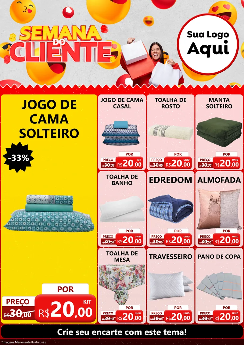 Modelo de Encarte para Encarte A4 Vertical com o tema Semana do Cliente para Cama, Mesa e Banho