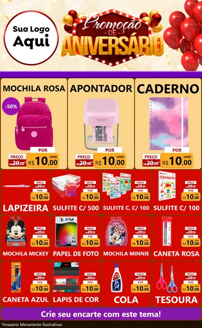 Modelo de Encarte para Encarte Grande com o tema Promoção de Aniversário para Papelaria