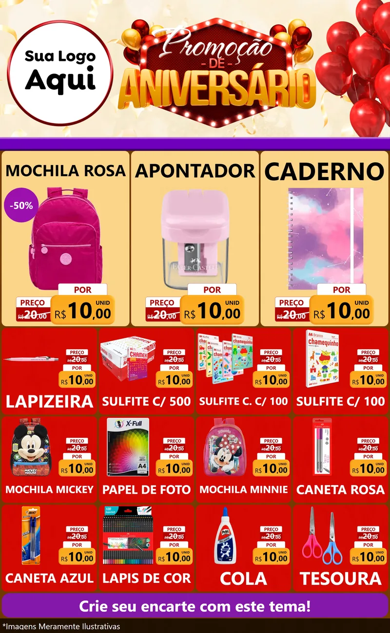 Modelo de Encarte para Encarte Grande com o tema Promoção de Aniversário para Papelaria