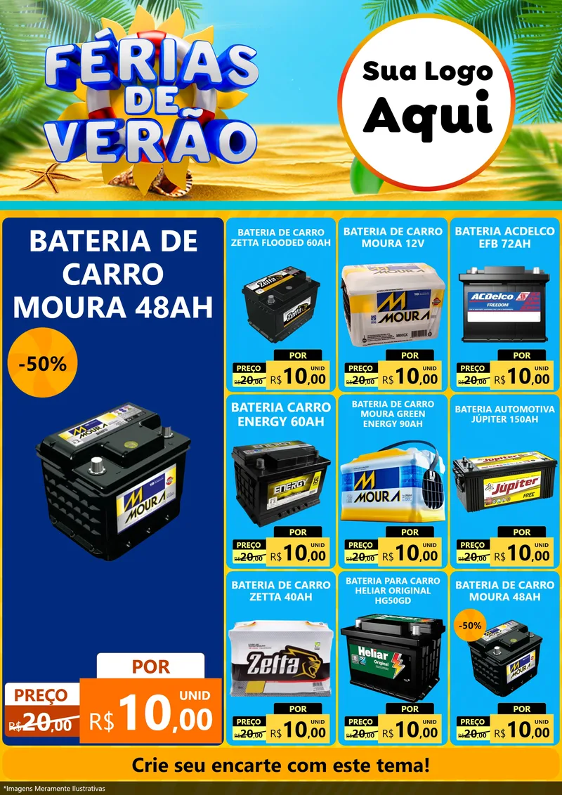 Modelo de Encarte para Encarte A4 Vertical com o tema Férias de Verão para Baterias Elétricas
