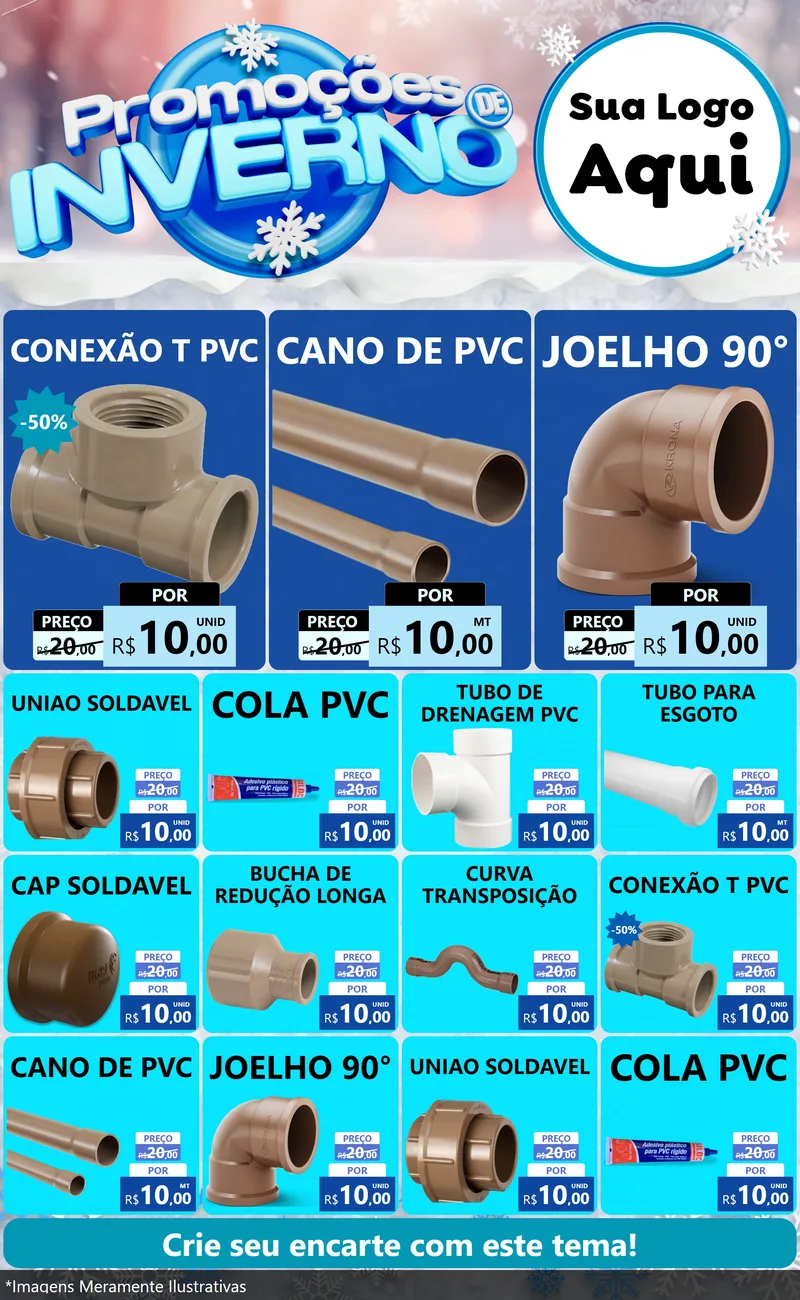 Modelo de Encarte para Encarte Grande com o tema Promoções de Inverno para Tubos e conexões