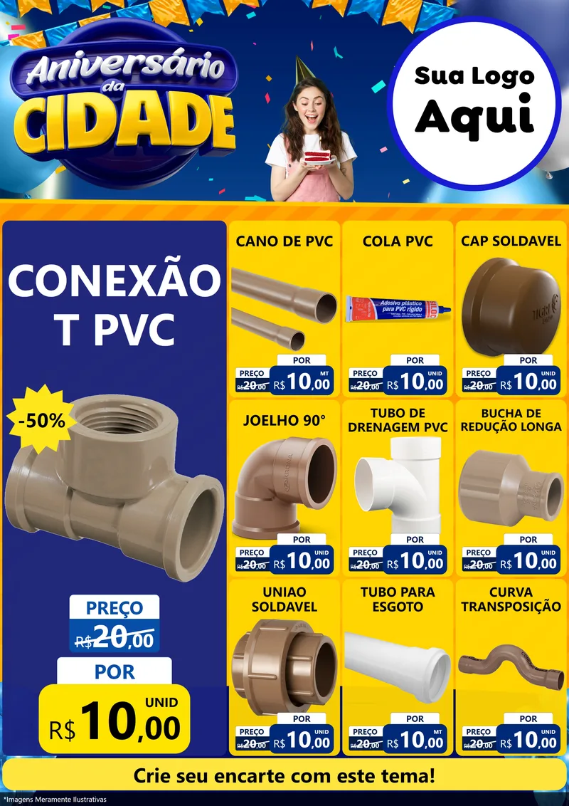 Modelo de Encarte para Encarte A4 Vertical com o tema Aniversário da Cidade para Tubos e conexões