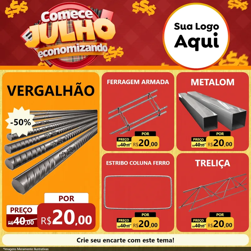 Modelo de Rede Social para Feed Facebook com o tema Comece Julho Economizando para Ferragens
