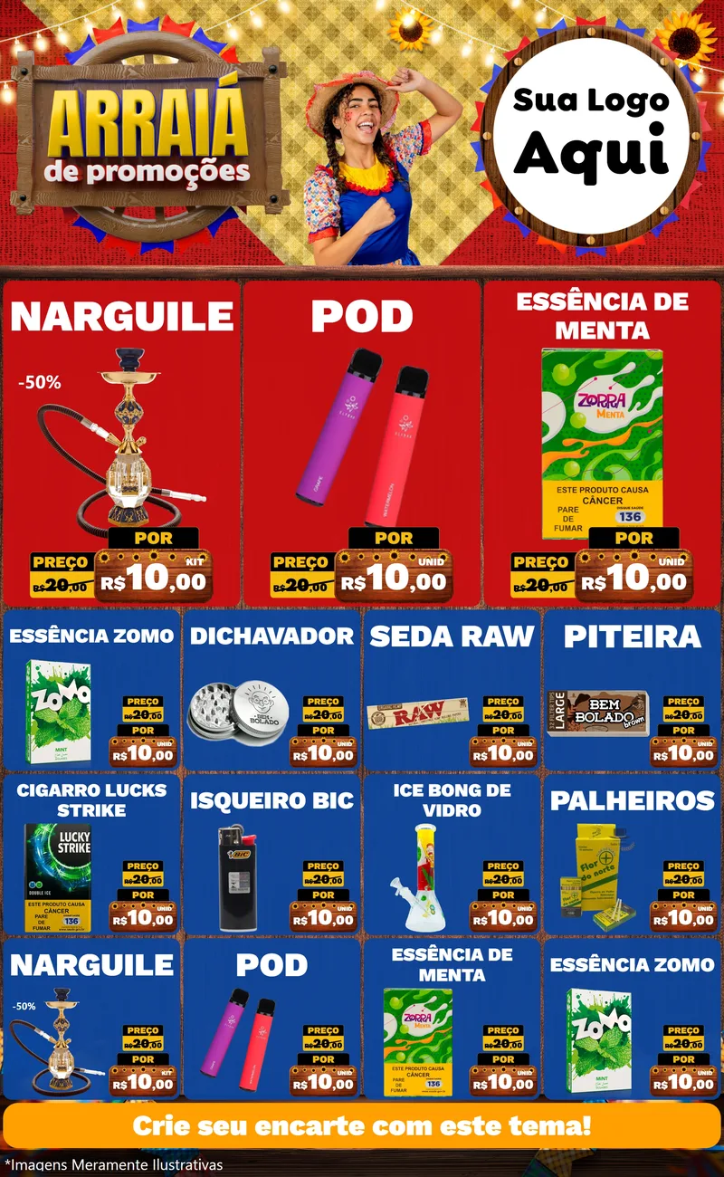 Modelo de Encarte para Encarte Grande com o tema Arraiá de Promoções para Tabacaria