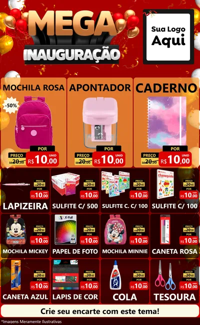 Modelo de Encarte para Encarte Grande com o tema Mega Inauguração para Papelaria