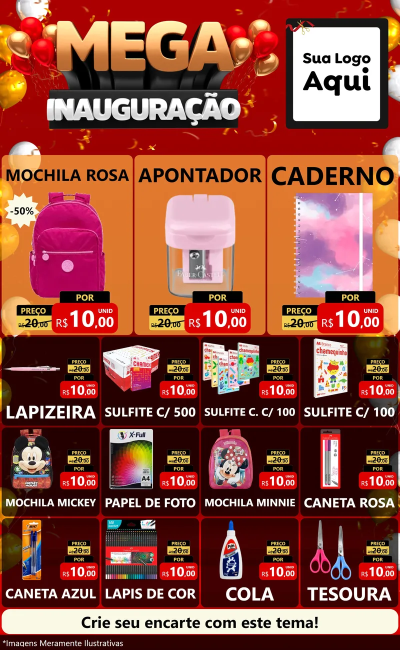 Modelo de Encarte para Encarte Grande com o tema Mega Inauguração para Papelaria