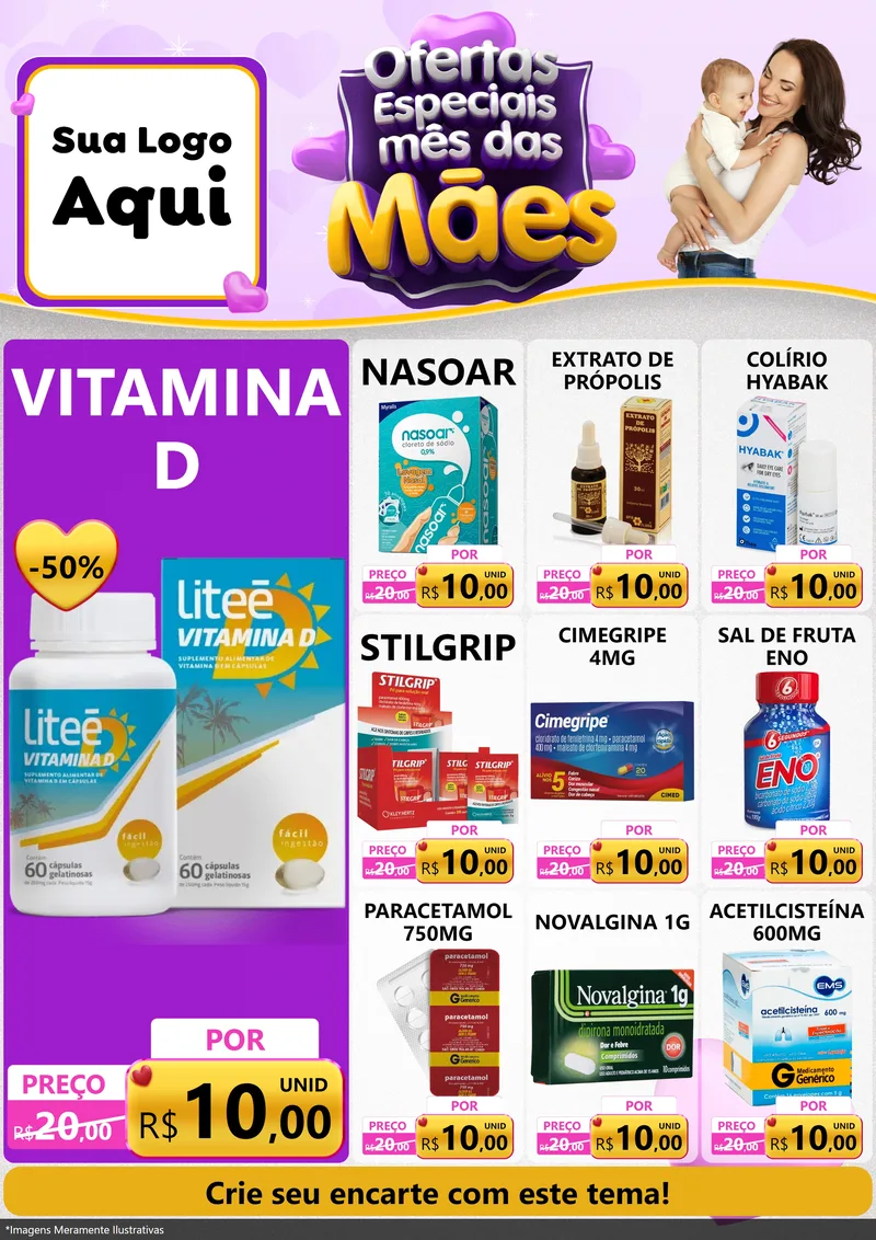 Modelo de Encarte para Encarte A4 Vertical com o tema Ofertas Especiais - Mês das Mães para Farmácia