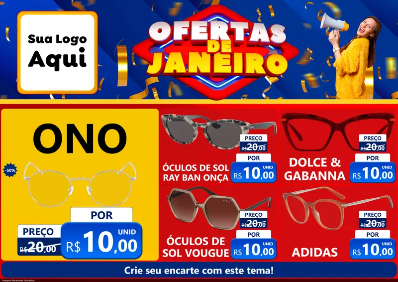 Modelo de Encarte para Encarte A4 Horizontal com o tema Ofertas de Janeiro para Óticas