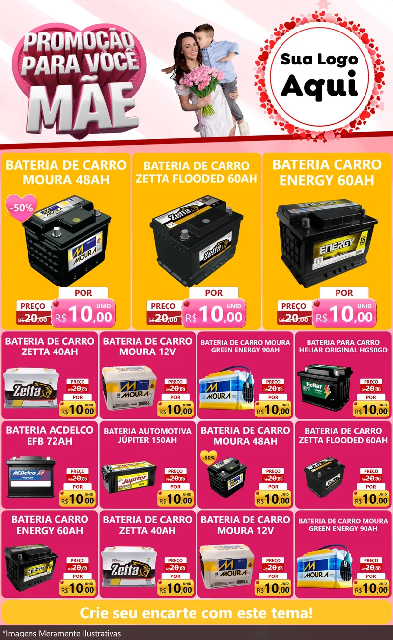 Modelo de Encarte para Encarte Grande com o tema Promoção Para Você Mãe para Baterias Elétricas