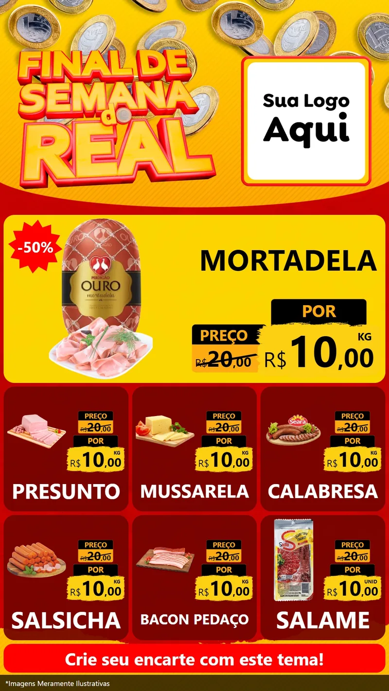 Modelo de Rede Social para Stories com o tema Final de Semana do Real para Frios e Laticínios