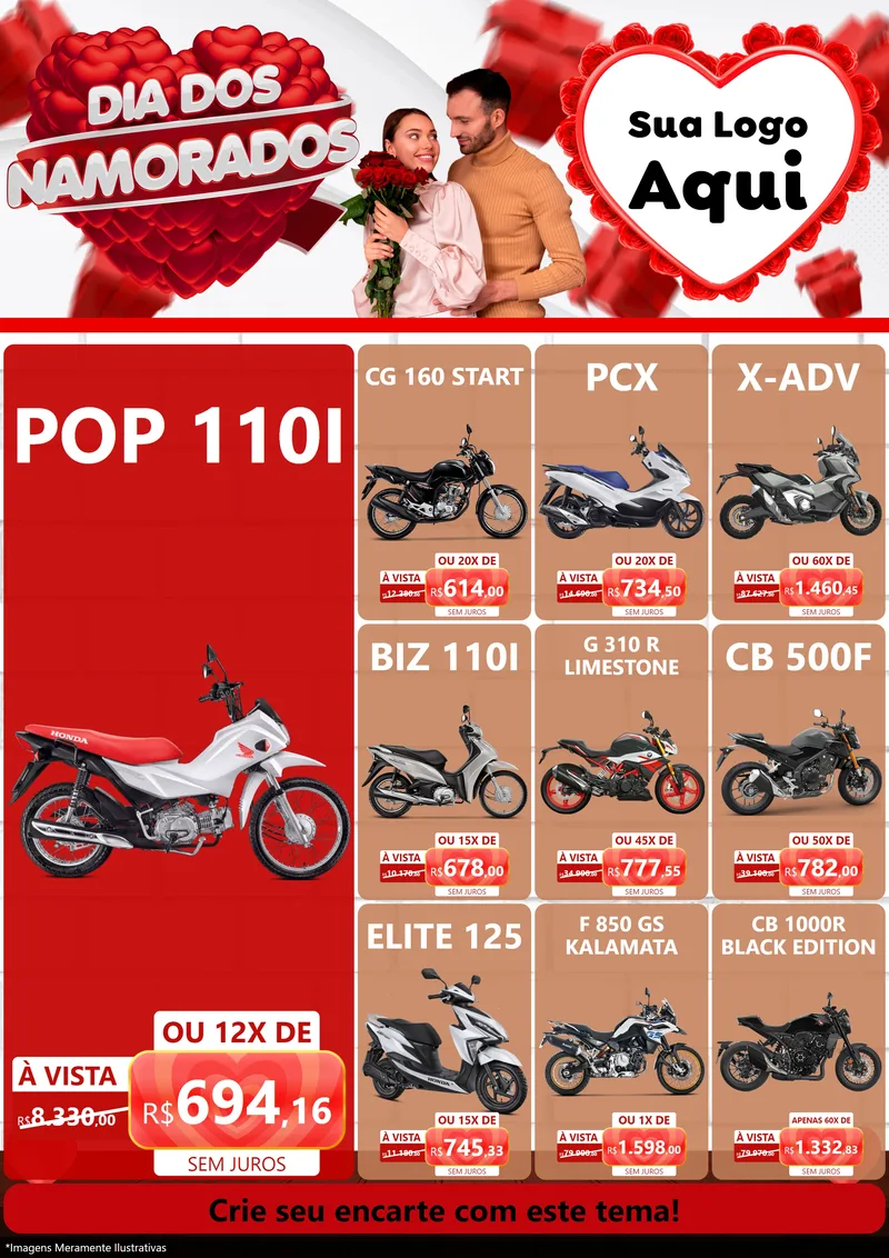 Modelo de Encarte para Encarte A4 Vertical com o tema Dia dos Namorados para Concessionaria de Motos