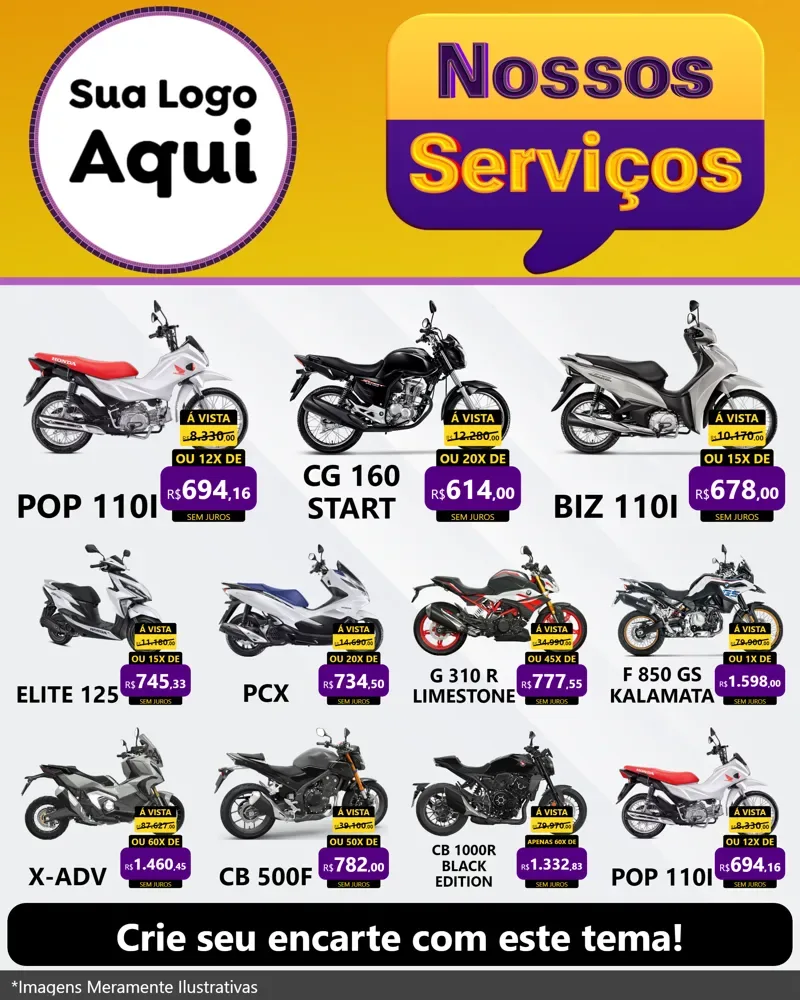 Modelo de Rede Social para Feed Instagram com o tema Nossos Serviços para Concessionaria de Motos