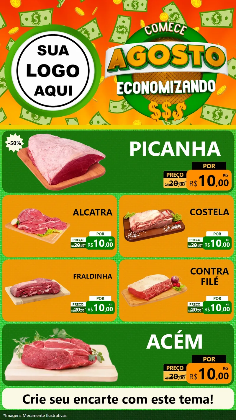 Modelo de TV para TV Vertical com o tema Comece Agosto Economizando para Açougue