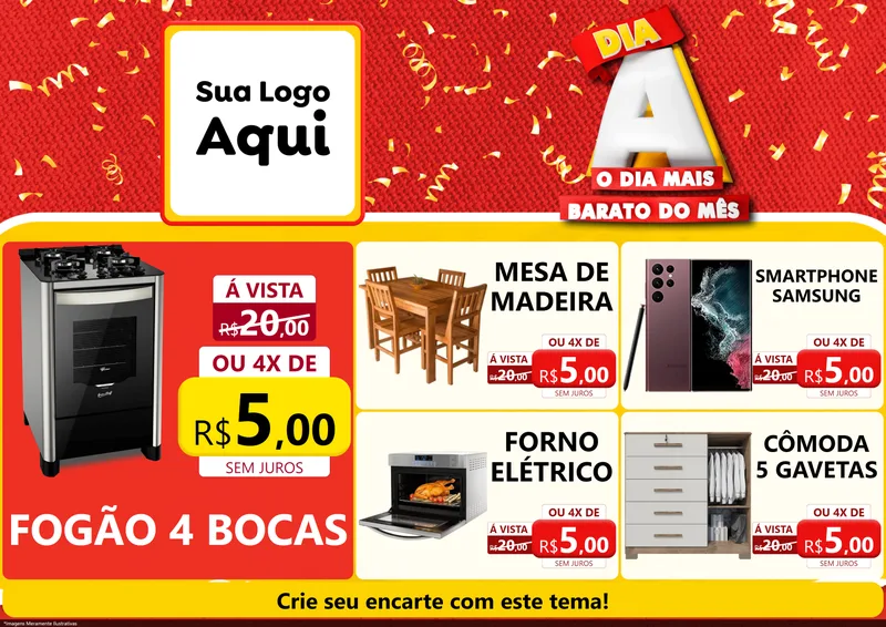 Modelo de Encarte para Encarte A4 Horizontal com o tema Dia A o Dia Mais Barato do Mês para Móveis e Eletro