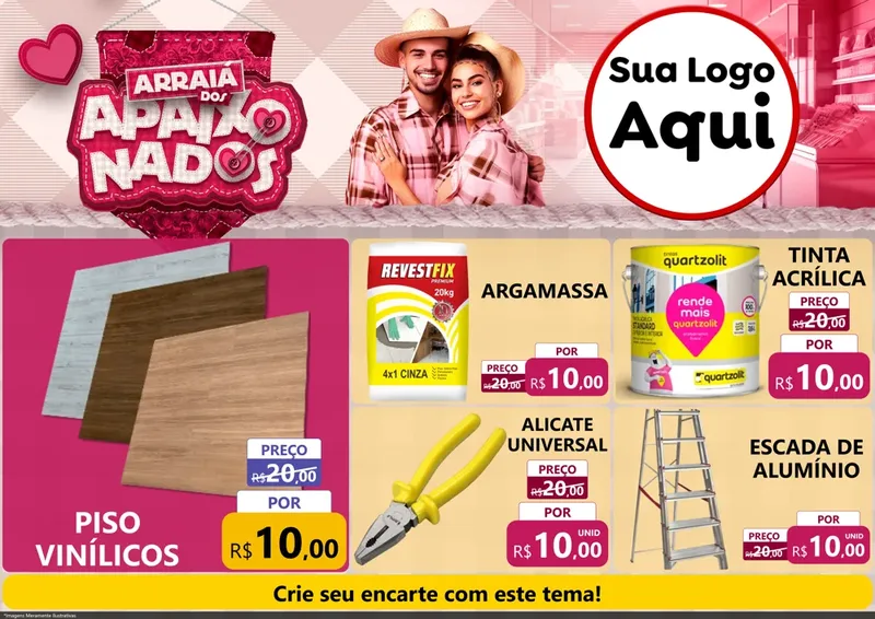 Modelo de Encarte para Encarte A4 Horizontal com o tema Arraiá dos Apaixonados - Junina para Material para Construção