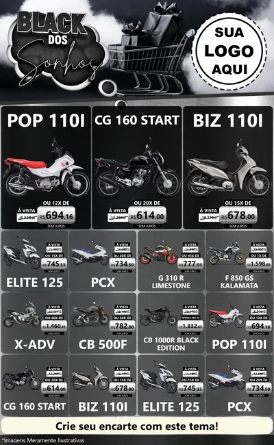 Modelo de Encarte para Encarte Grande com o tema Black dos Sonhos para Concessionaria de Motos