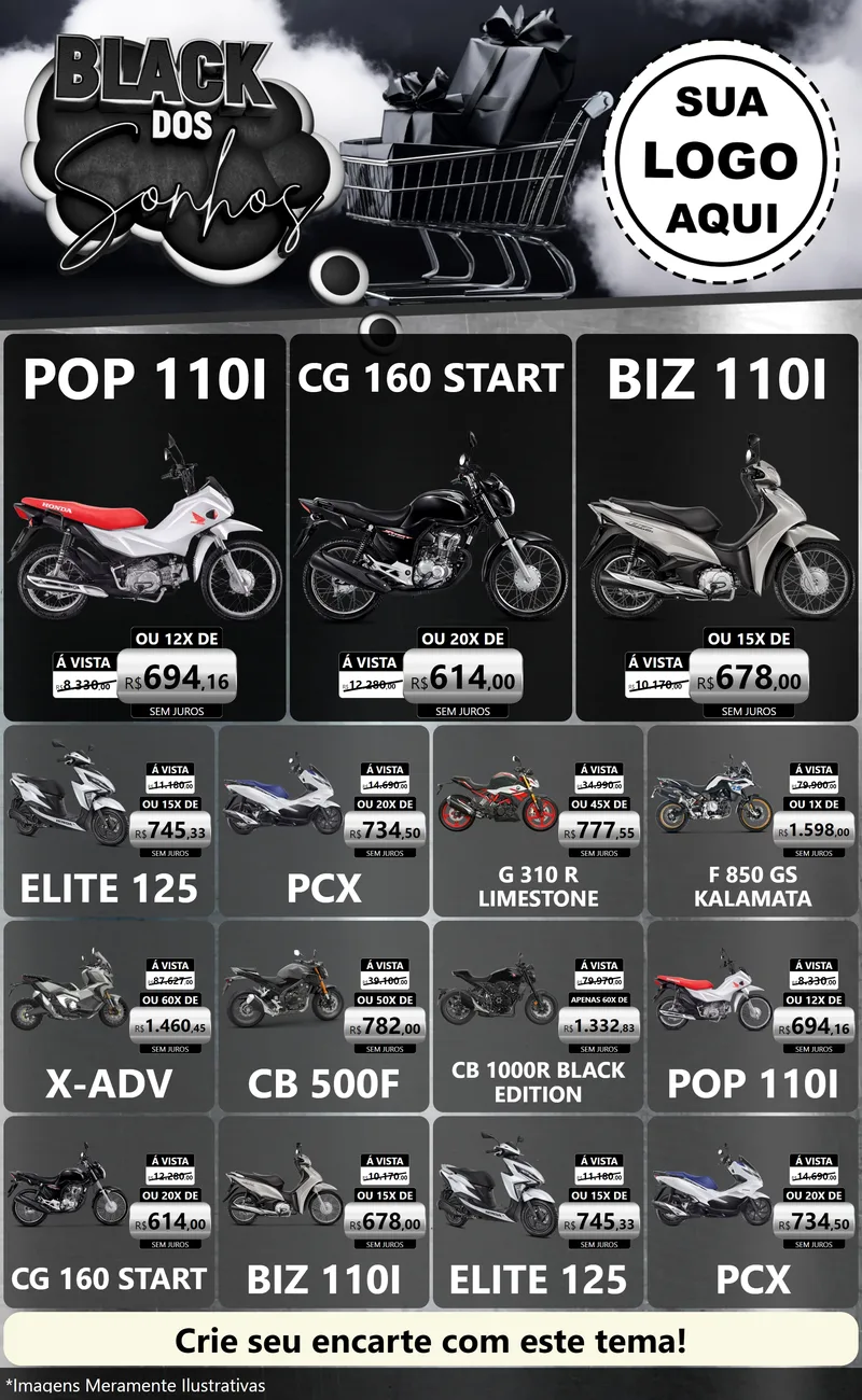Modelo de Encarte para Encarte Grande com o tema Black dos Sonhos para Concessionaria de Motos