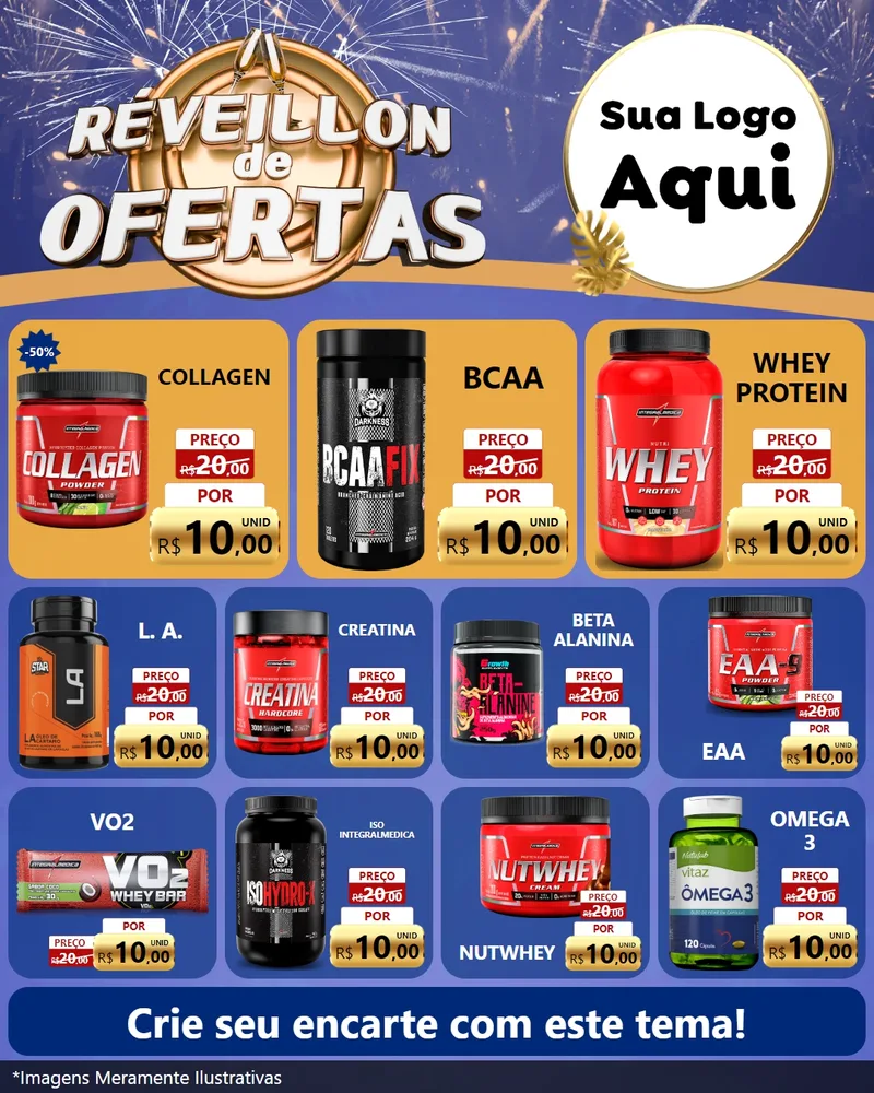 Modelo de Rede Social para Feed Instagram com o tema Réveillon de Ofertas para Suplementos alimentares
