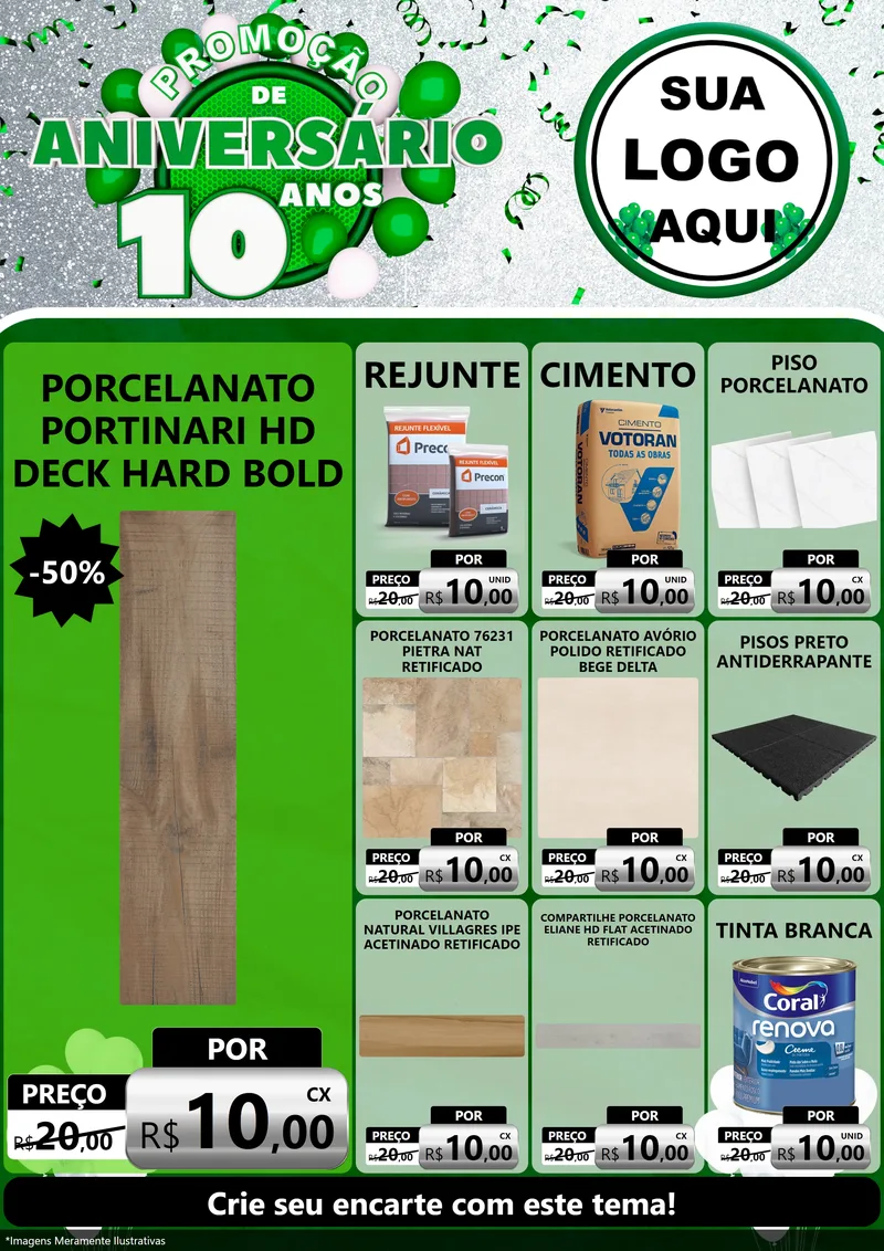 Modelo de Encarte para Encarte A4 Vertical com o tema Promoção de Aniversário - 10 Anos para Pisos e revestimentos