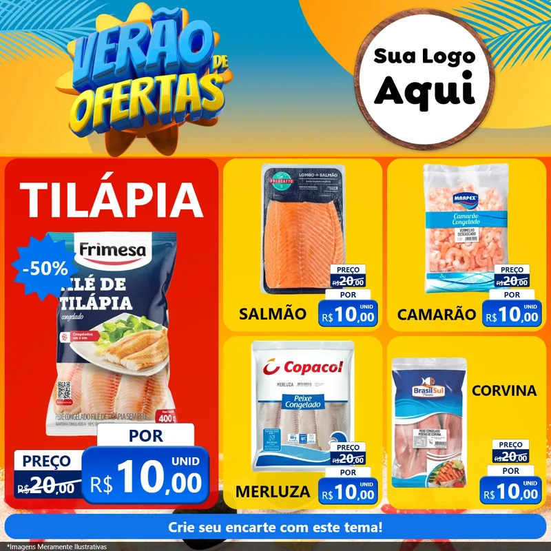 Modelo de Rede Social para Feed Facebook com o tema Verão de Ofertas para Peixaria