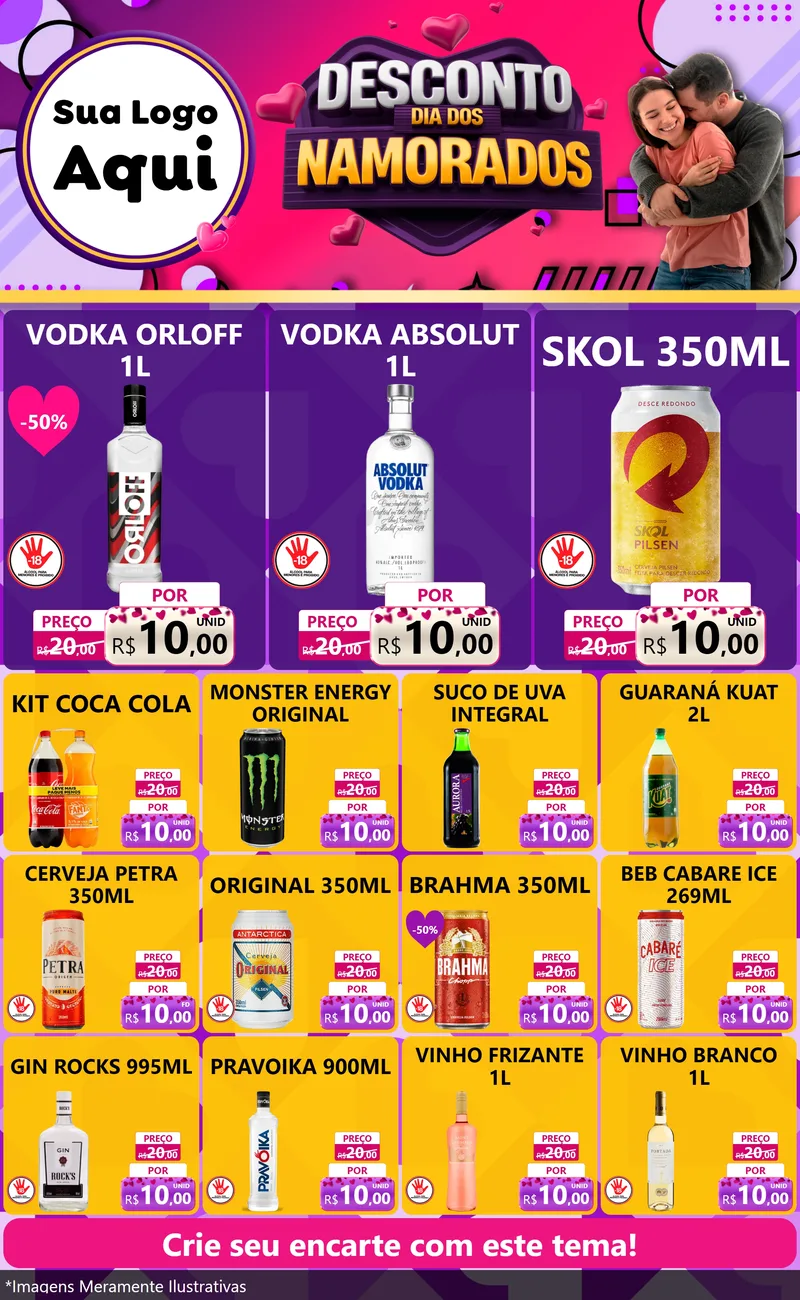 Modelo de Encarte para Encarte Grande com o tema Desconto Dia dos Namorados para Distribuidora de bebidas