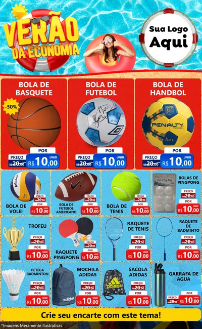 Modelo de Encarte para Encarte Grande com o tema Verão da Economia para Artigos Esportivos