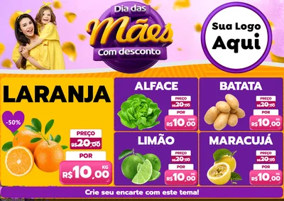 Modelo de Encarte para Encarte A4 Horizontal com o tema Dia das Mães com Desconto para Hortifrúti