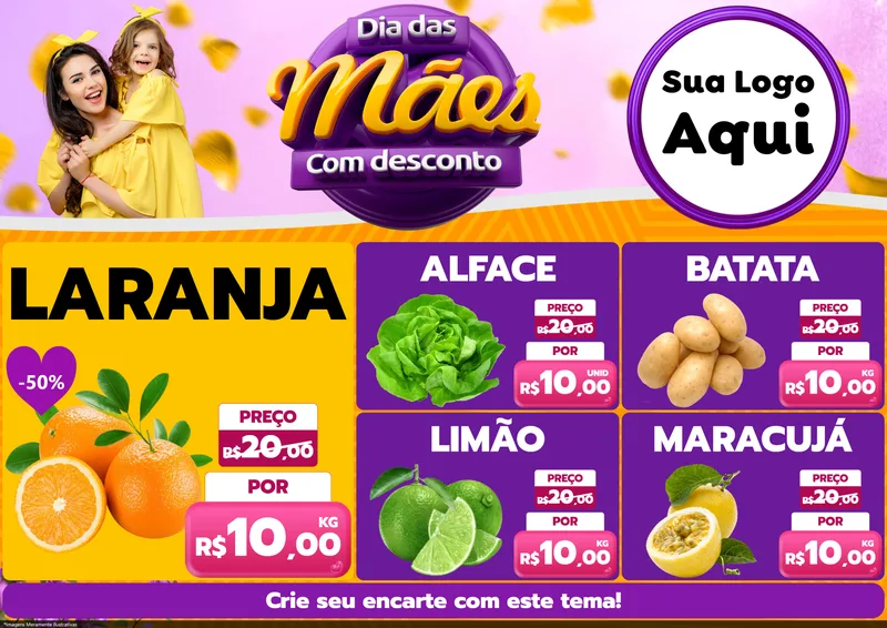 Modelo de Encarte para Encarte A4 Horizontal com o tema Dia das Mães com Desconto para Hortifrúti