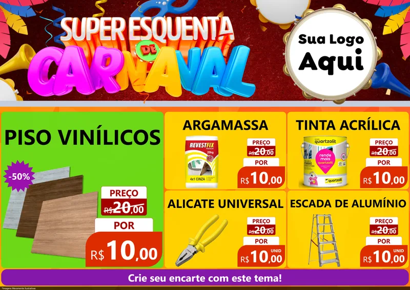 Modelo de Encarte para Encarte A4 Horizontal com o tema Super Esquenta de Carnaval para Material para Construção