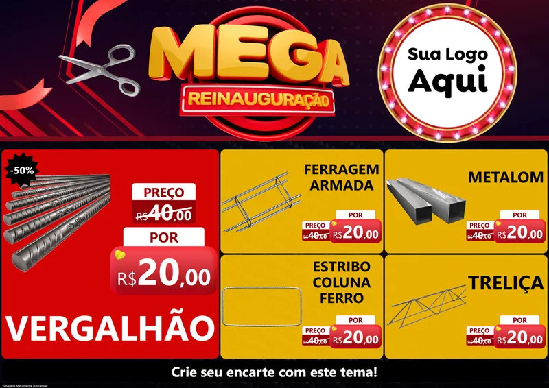 Modelo de Encarte para Encarte A4 Horizontal com o tema Mega Reinauguração para Ferragens