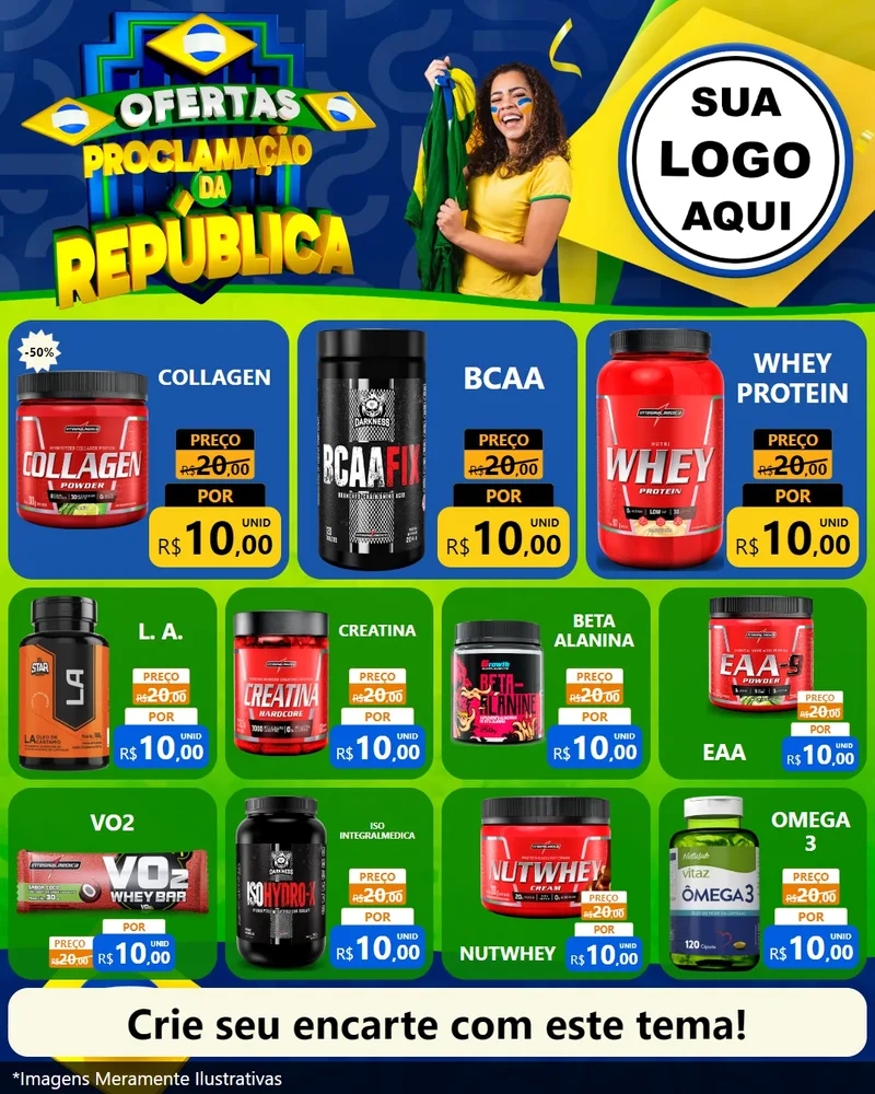 Modelo de Rede Social para Feed Instagram com o tema Ofertas Proclamação da República para Suplementos alimentares