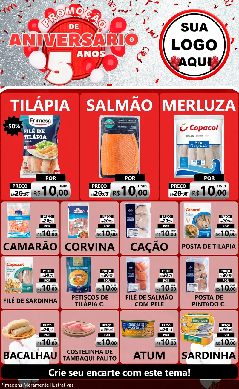 Modelo de Encarte para Encarte Grande com o tema Promoção de Aniversário - 5 Anos para Peixaria