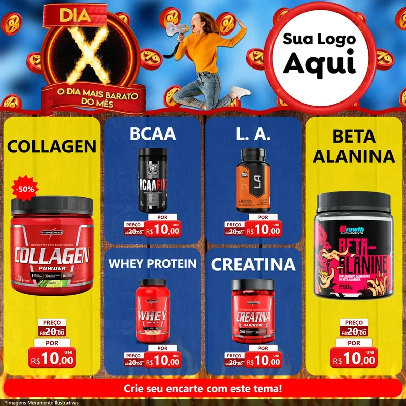 Modelo de Rede Social para Feed Facebook com o tema Dia X - O Dia Mais Barato Do Mês para Suplementos alimentares