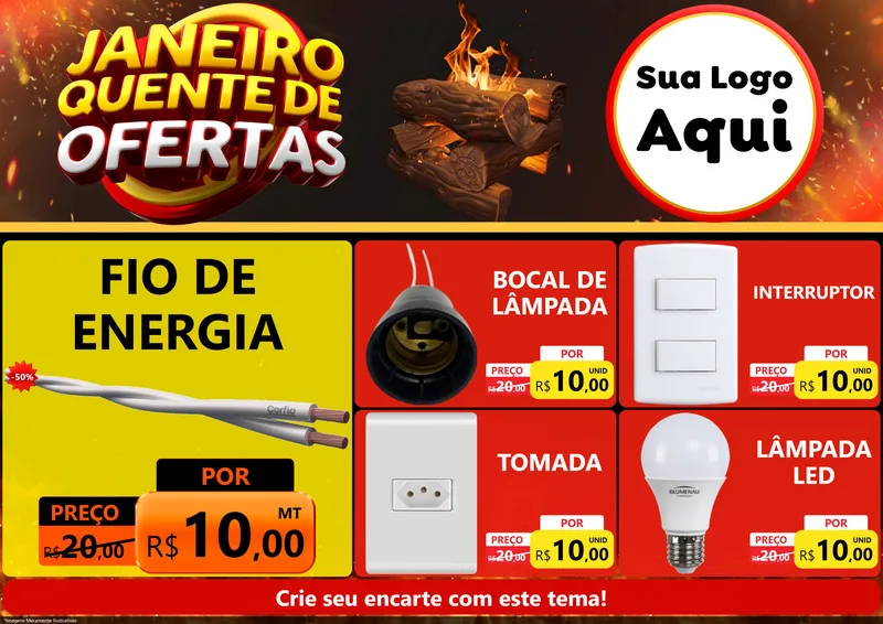 Modelo de Encarte para Encarte A4 Horizontal com o tema Janeiro Quente de Ofertas para Materiais Elétricos